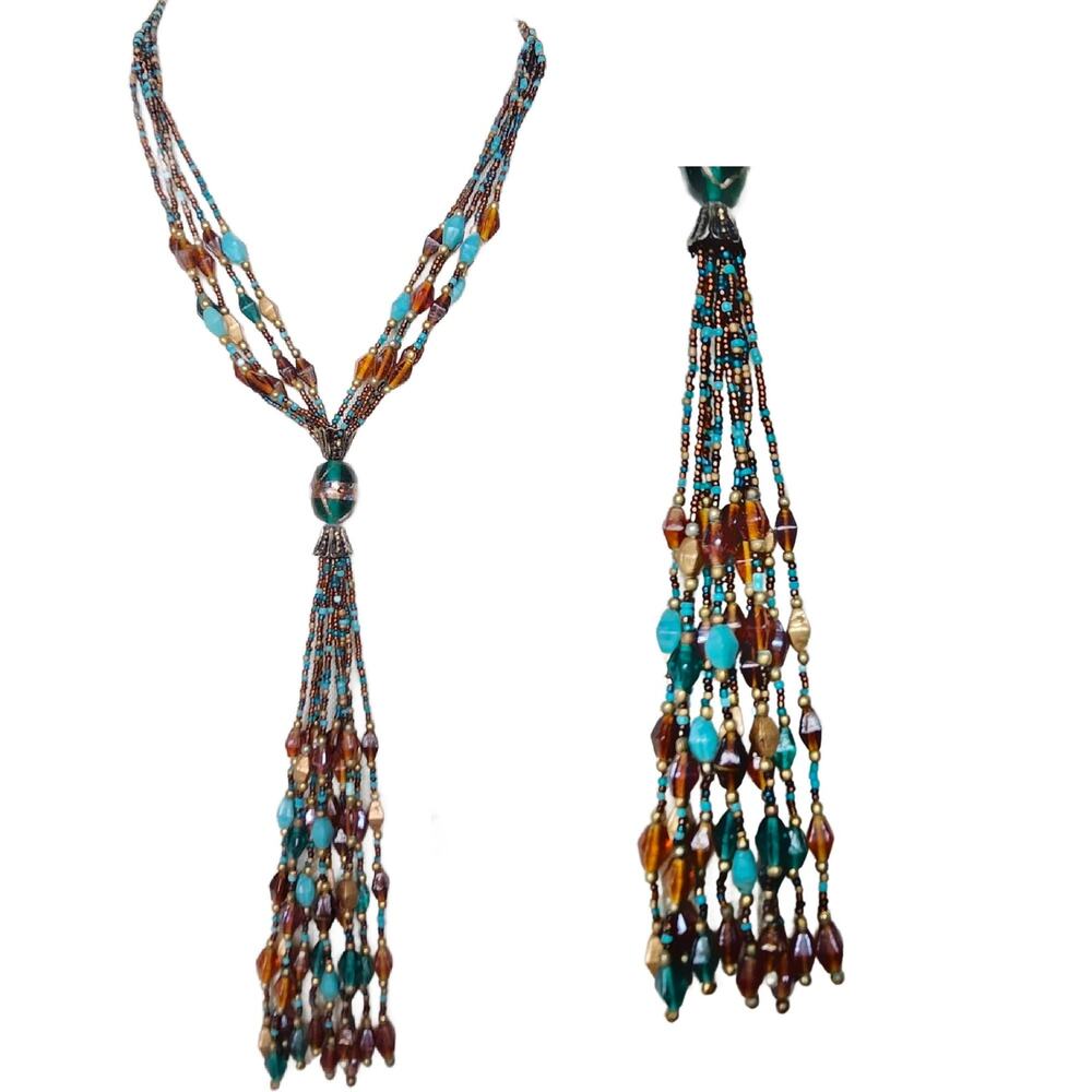 Multi Color Venetian Glass Beaded Multi Strand Tassel Necklace